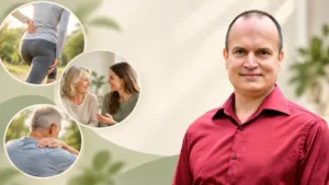 Michael Komm mit Illustrationen zu drei Praxisbeispielen: Rücken, Gespräch und Schulter